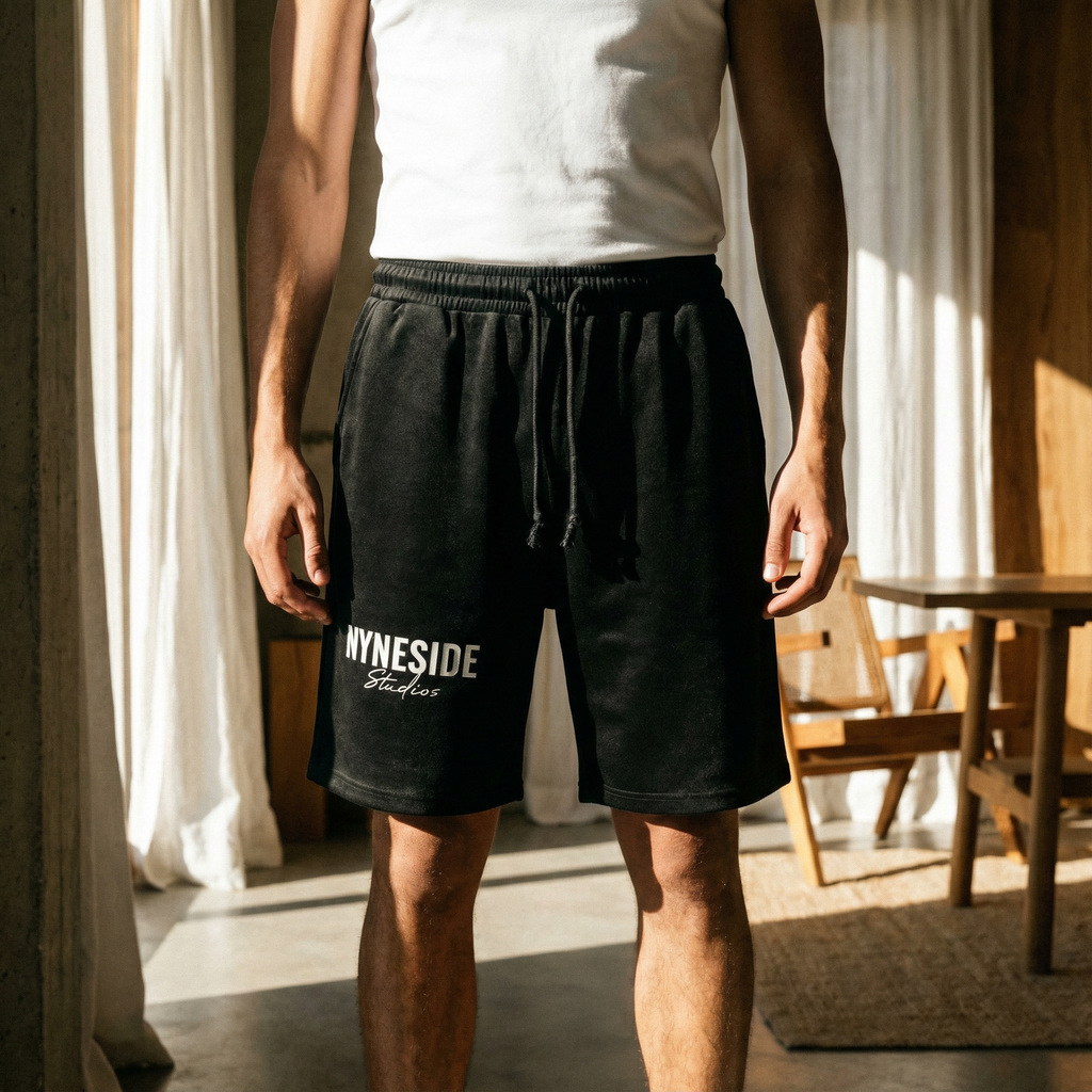 black Nyne Essentials shorts front view Y2K streetwear relaxed fit Nyneside Studios
